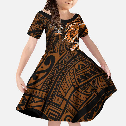 Wests Tigers Family Matching Off The Shoulder Long Sleeve Dress and Hawaiian Shirt Polynesian Tribal Tattoo Pacific Sport Art