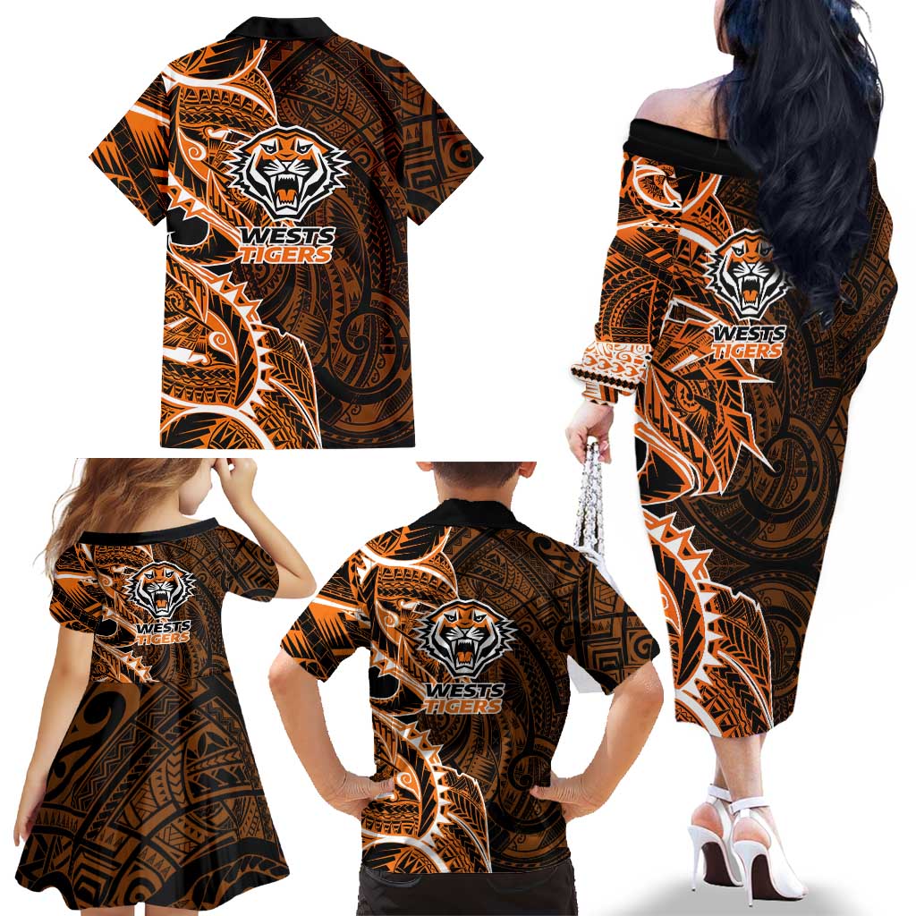 Wests Tigers Family Matching Off The Shoulder Long Sleeve Dress and Hawaiian Shirt Polynesian Tribal Tattoo Pacific Sport Art