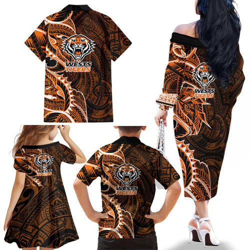 Wests Tigers Family Matching Off The Shoulder Long Sleeve Dress and Hawaiian Shirt Polynesian Tribal Tattoo Pacific Sport Art