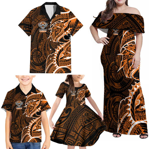 Wests Tigers Family Matching Off Shoulder Maxi Dress and Hawaiian Shirt Polynesian Tribal Tattoo Pacific Sport Art