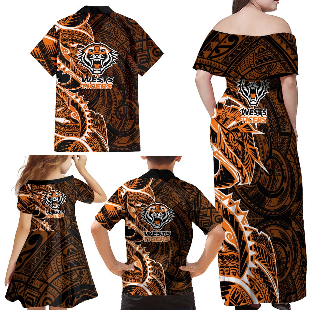 Wests Tigers Family Matching Off Shoulder Maxi Dress and Hawaiian Shirt Polynesian Tribal Tattoo Pacific Sport Art