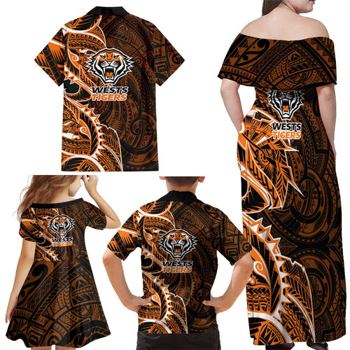 Wests Tigers Family Matching Off Shoulder Maxi Dress and Hawaiian Shirt Polynesian Tribal Tattoo Pacific Sport Art