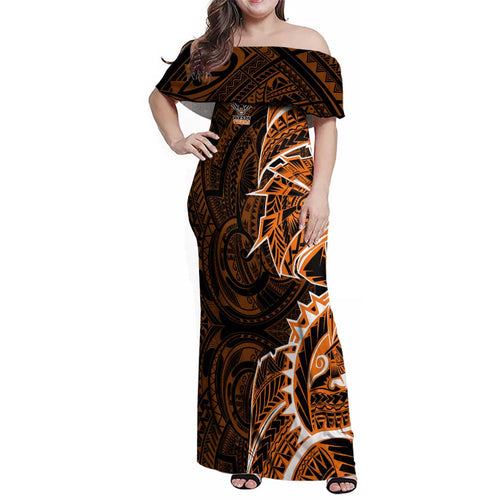 Wests Tigers Family Matching Off Shoulder Maxi Dress and Hawaiian Shirt Polynesian Tribal Tattoo Pacific Sport Art