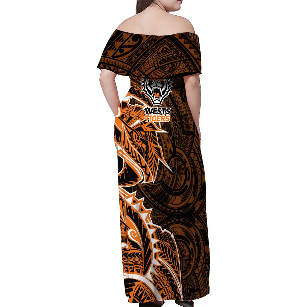 Wests Tigers Family Matching Off Shoulder Maxi Dress and Hawaiian Shirt Polynesian Tribal Tattoo Pacific Sport Art