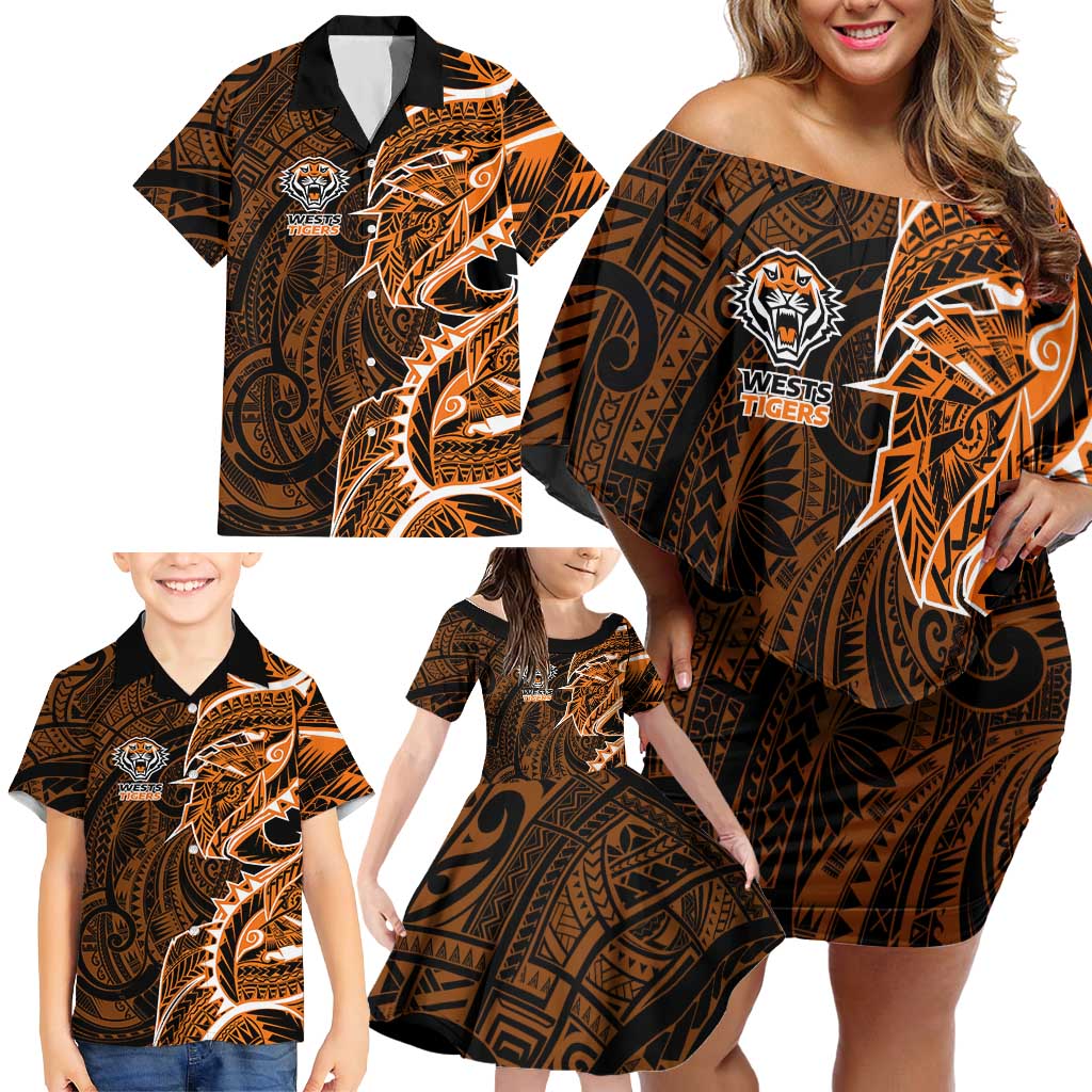 Wests Tigers Family Matching Off Shoulder Short Dress and Hawaiian Shirt Polynesian Tribal Tattoo Pacific Sport Art