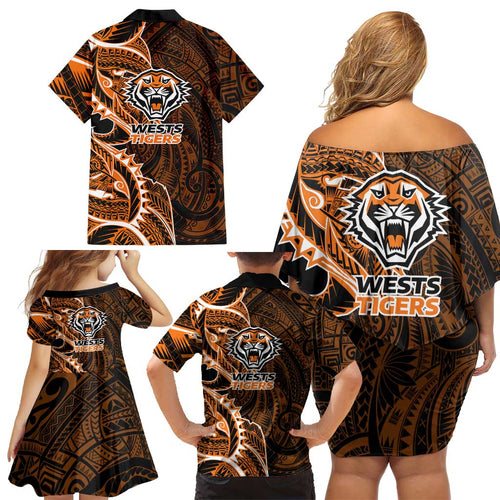 Wests Tigers Family Matching Off Shoulder Short Dress and Hawaiian Shirt Polynesian Tribal Tattoo Pacific Sport Art