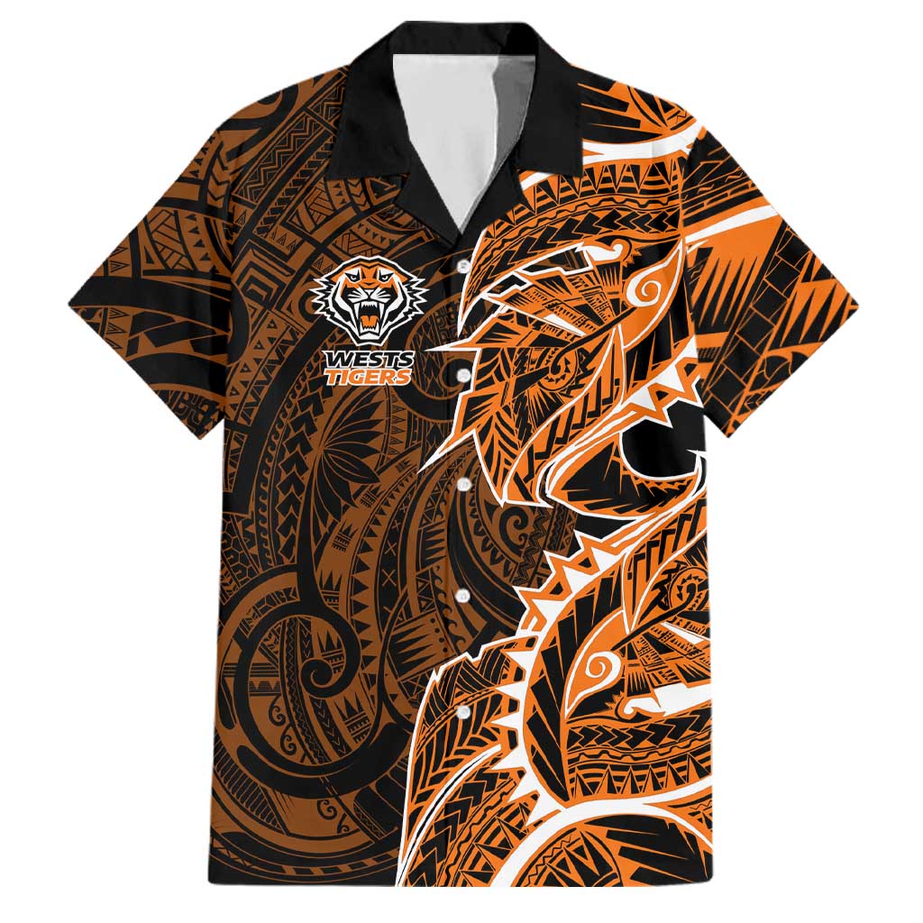 Wests Tigers Family Matching Off Shoulder Short Dress and Hawaiian Shirt Polynesian Tribal Tattoo Pacific Sport Art