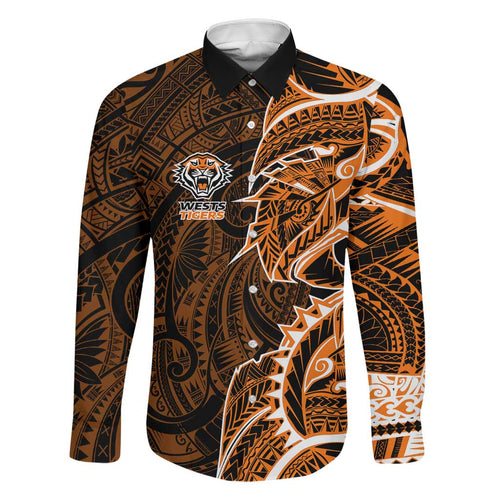 Wests Tigers Family Matching Off Shoulder Short Dress and Hawaiian Shirt Polynesian Tribal Tattoo Pacific Sport Art