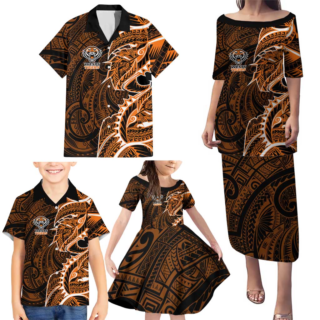 Wests Tigers Family Matching Puletasi and Hawaiian Shirt Polynesian Tribal Tattoo Pacific Sport Art