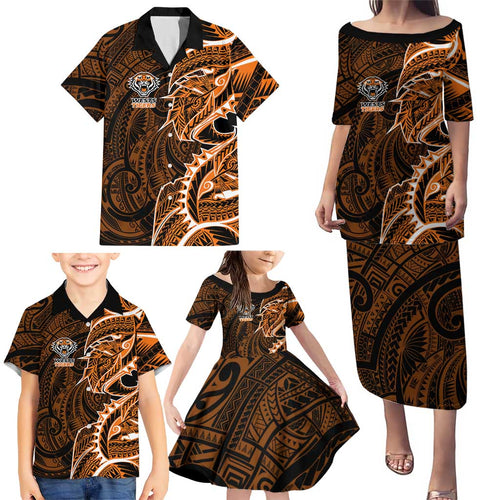 Wests Tigers Family Matching Puletasi and Hawaiian Shirt Polynesian Tribal Tattoo Pacific Sport Art