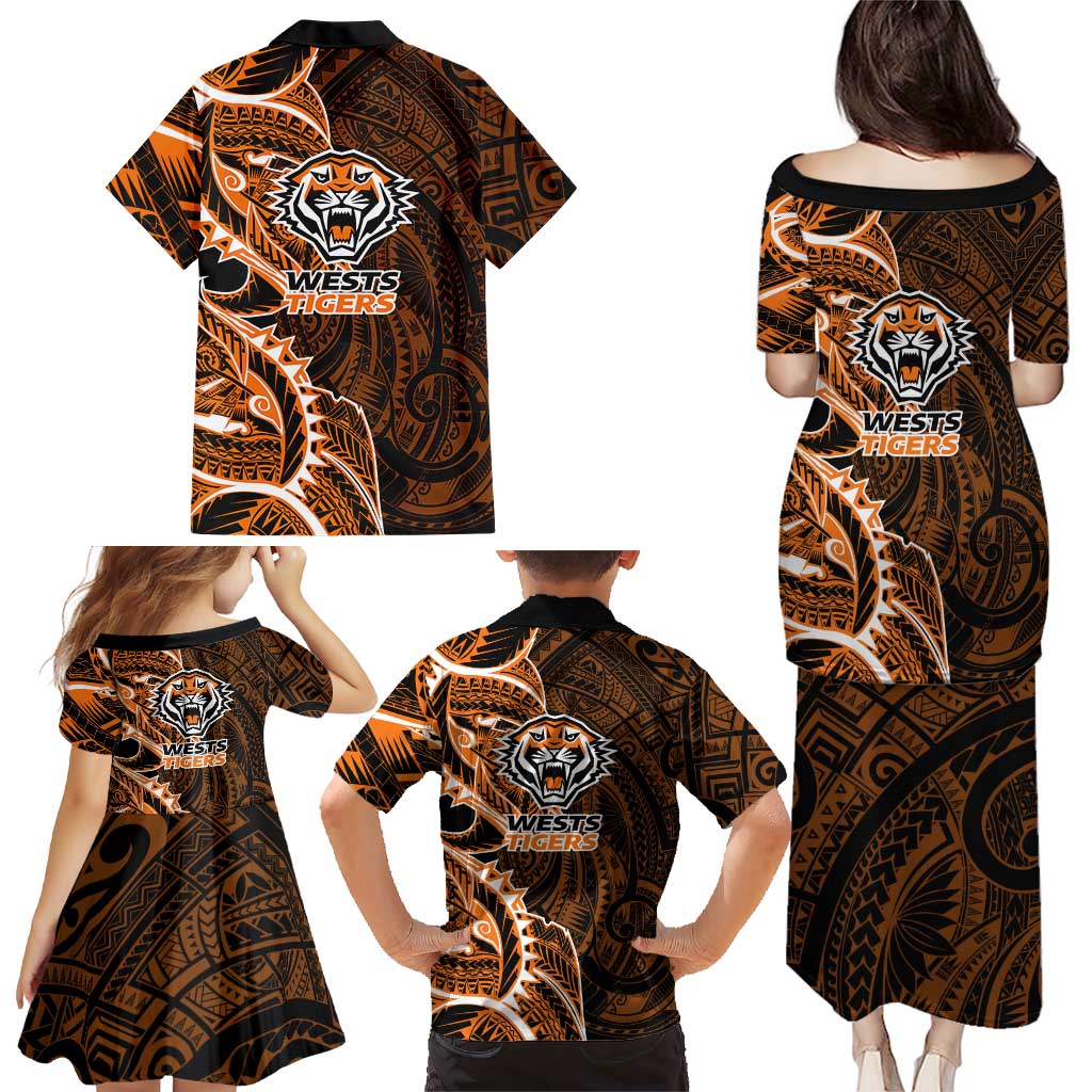 Wests Tigers Family Matching Puletasi and Hawaiian Shirt Polynesian Tribal Tattoo Pacific Sport Art