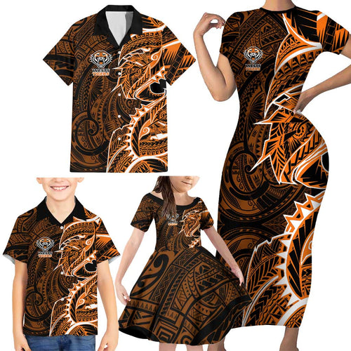 Wests Tigers Family Matching Short Sleeve Bodycon Dress and Hawaiian Shirt Polynesian Tribal Tattoo Pacific Sport Art