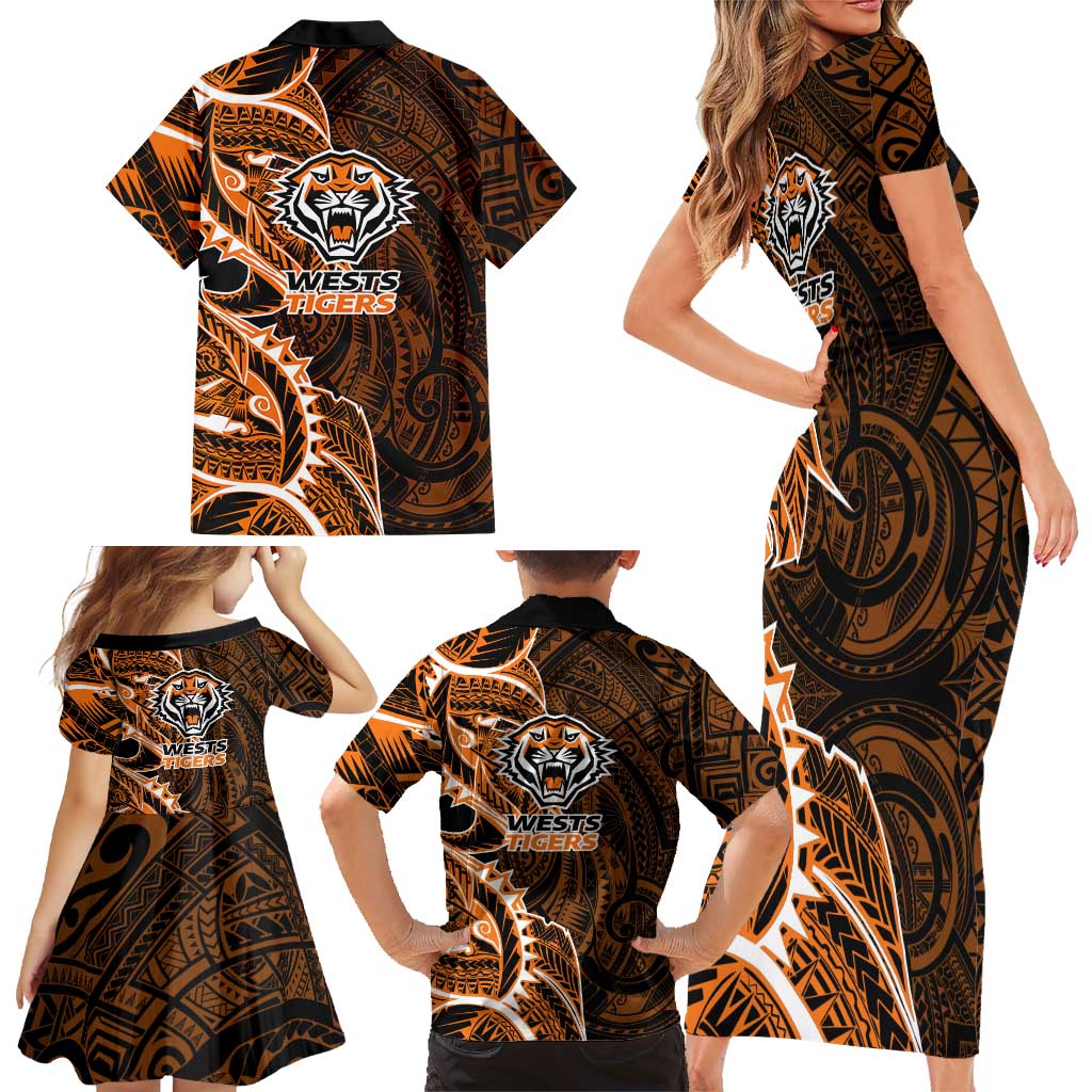 Wests Tigers Family Matching Short Sleeve Bodycon Dress and Hawaiian Shirt Polynesian Tribal Tattoo Pacific Sport Art