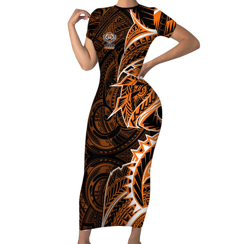 Wests Tigers Family Matching Short Sleeve Bodycon Dress and Hawaiian Shirt Polynesian Tribal Tattoo Pacific Sport Art