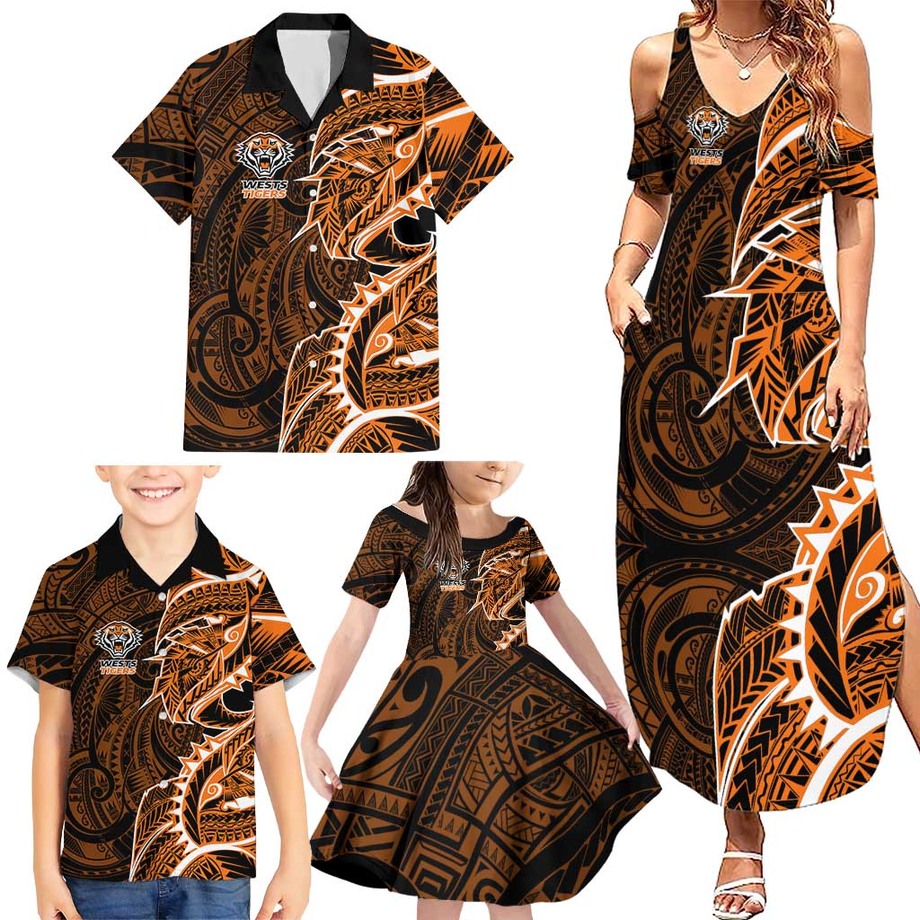 Wests Tigers Family Matching Summer Maxi Dress and Hawaiian Shirt Polynesian Tribal Tattoo Pacific Sport Art