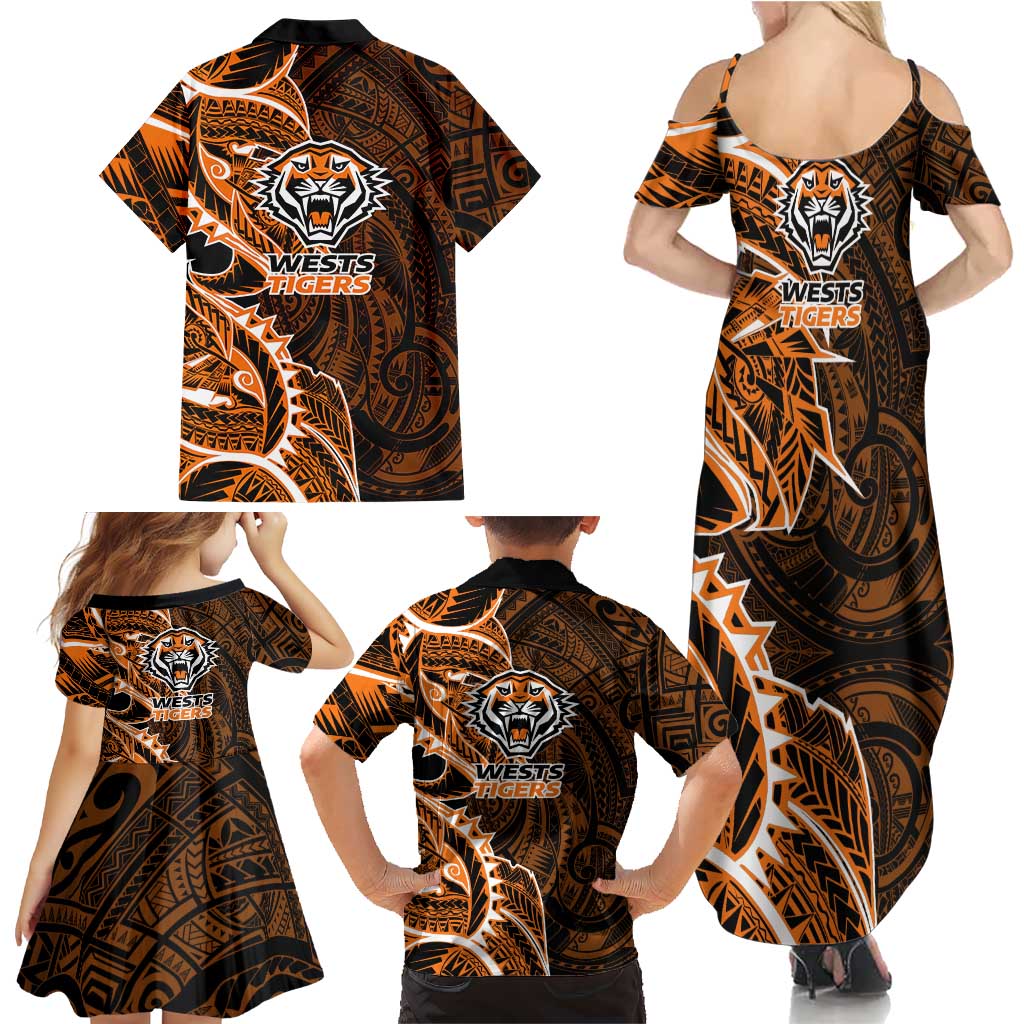 Wests Tigers Family Matching Summer Maxi Dress and Hawaiian Shirt Polynesian Tribal Tattoo Pacific Sport Art