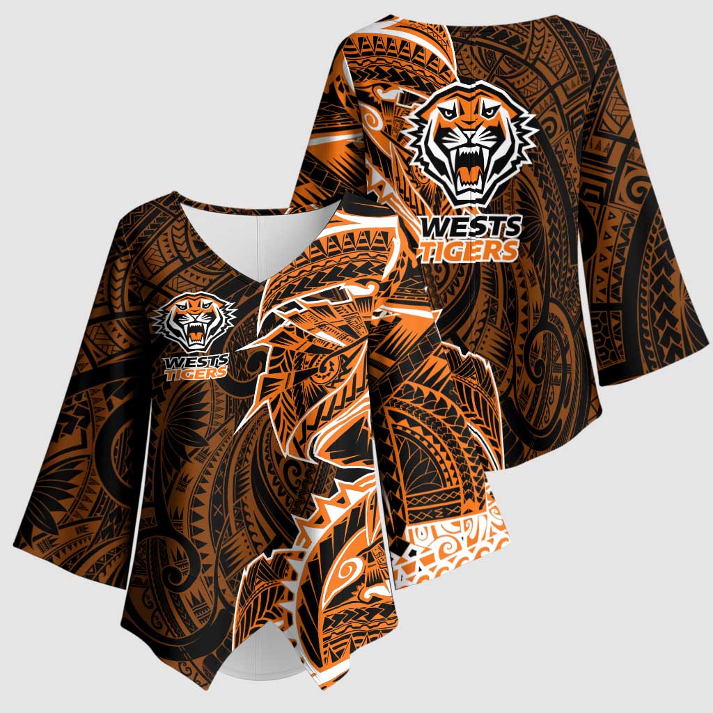 Wests Tigers Kimono Sleeve Blouse Polynesian Tribal Tattoo Pacific Sport Art