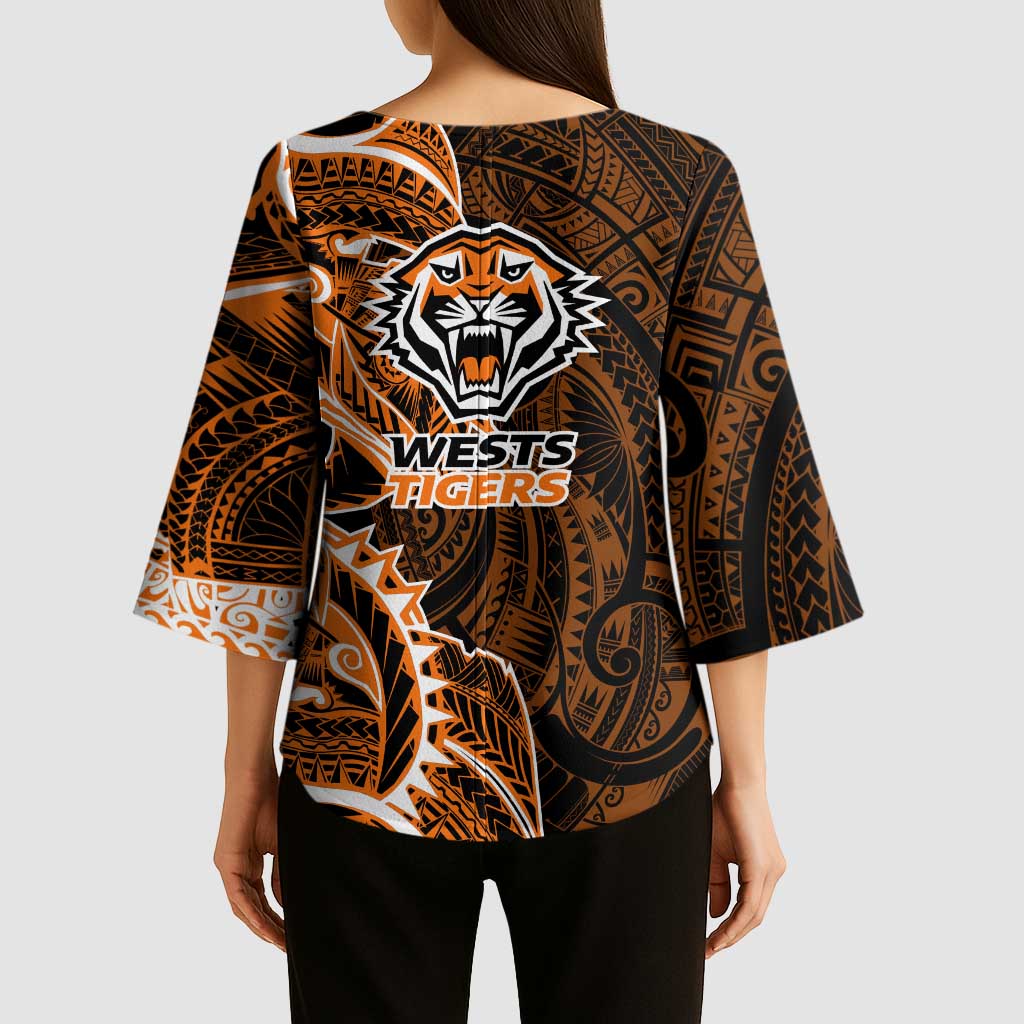 Wests Tigers Kimono Sleeve Blouse Polynesian Tribal Tattoo Pacific Sport Art