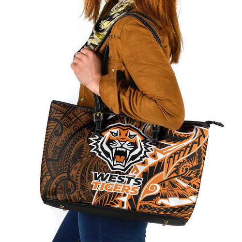 Wests Tigers Leather Tote Bag Polynesian Tribal Tattoo Pacific Sport Art