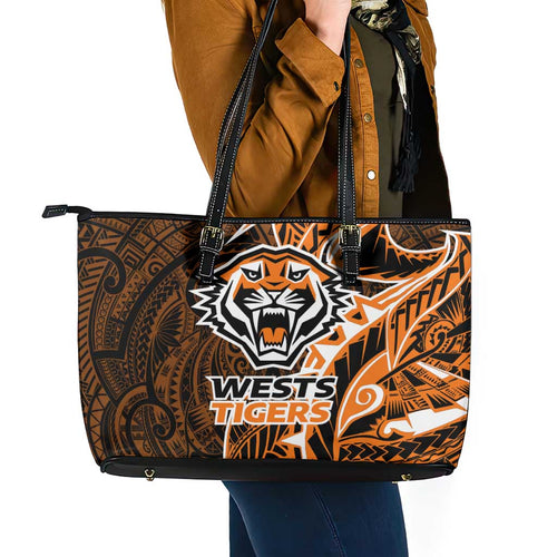 Wests Tigers Leather Tote Bag Polynesian Tribal Tattoo Pacific Sport Art