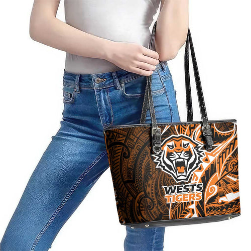 Wests Tigers Leather Tote Bag Polynesian Tribal Tattoo Pacific Sport Art