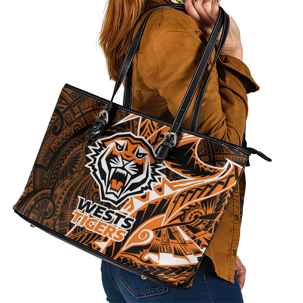 Wests Tigers Leather Tote Bag Polynesian Tribal Tattoo Pacific Sport Art