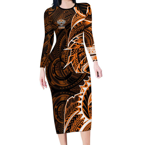 Wests Tigers Long Sleeve Bodycon Dress Polynesian Tribal Tattoo Pacific Sport Art