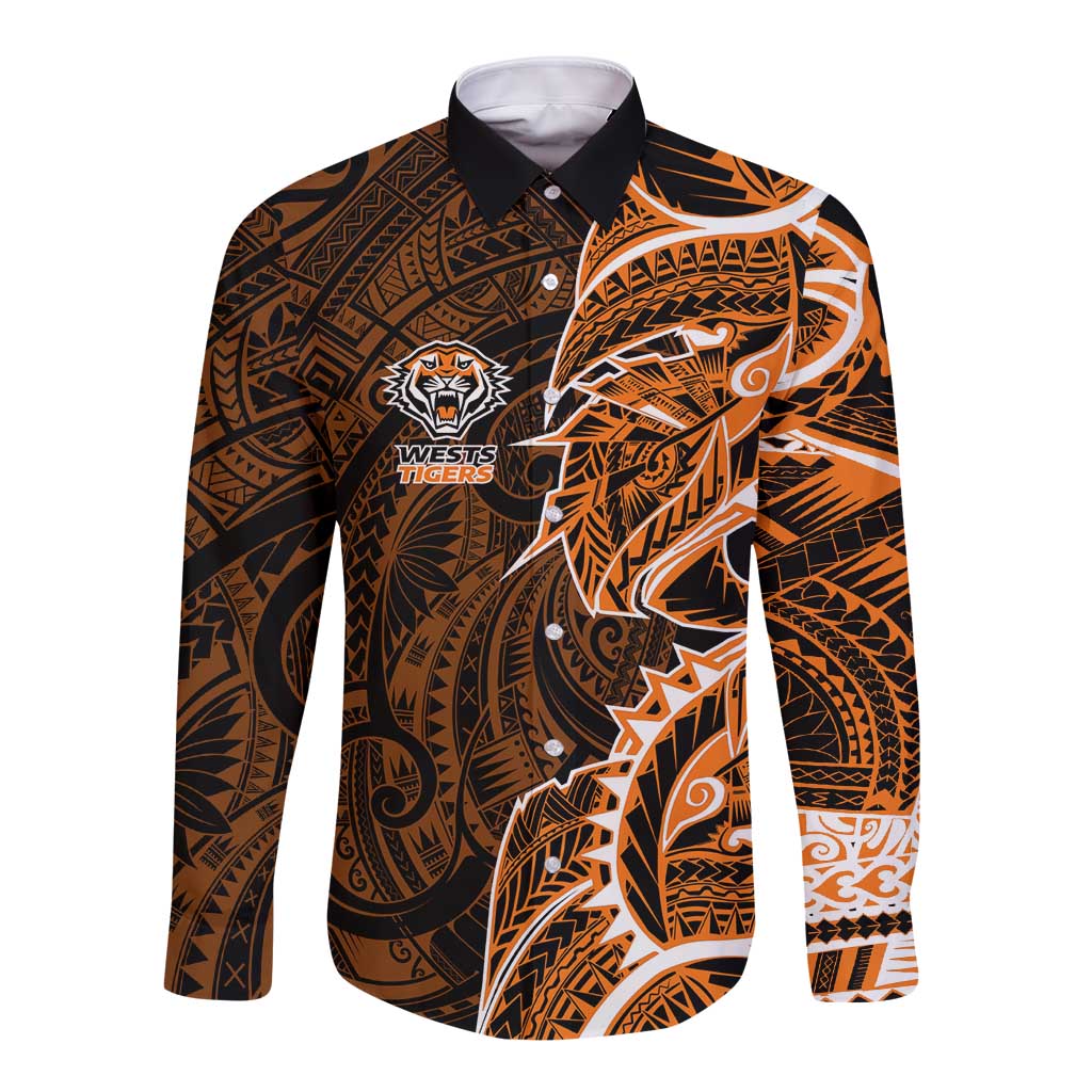 Wests Tigers Long Sleeve Button Shirt Polynesian Tribal Tattoo Pacific Sport Art