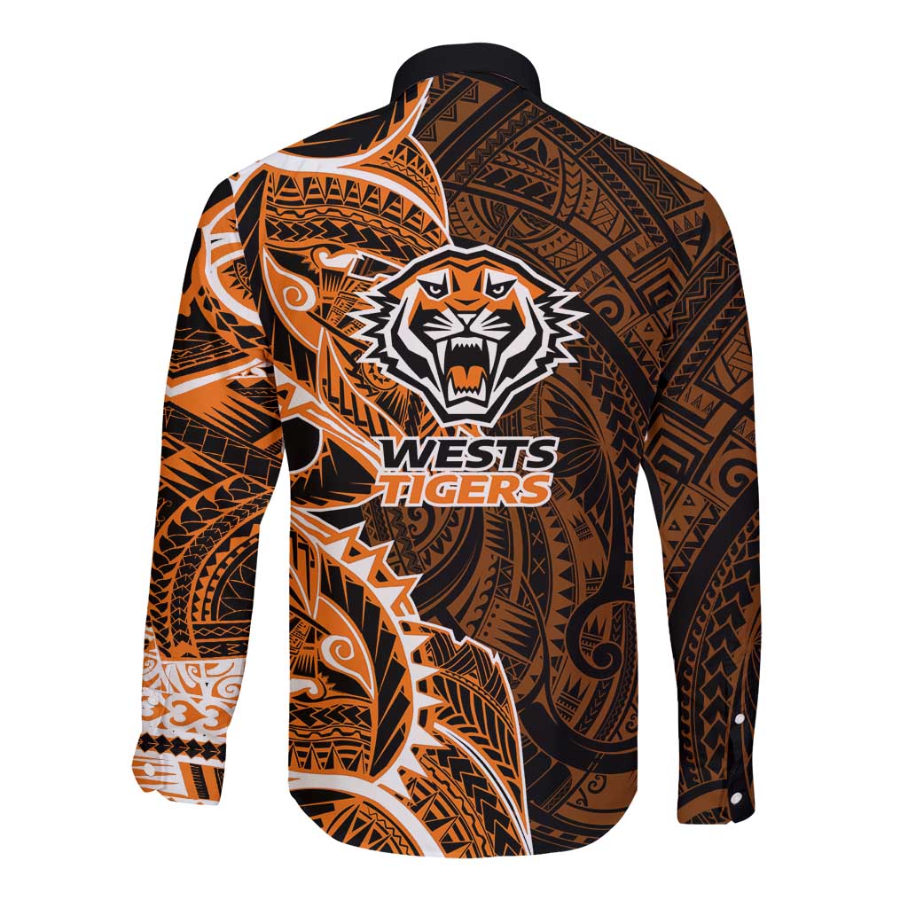 Wests Tigers Long Sleeve Button Shirt Polynesian Tribal Tattoo Pacific Sport Art