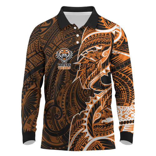 Wests Tigers Long Sleeve Polo Shirt Polynesian Tribal Tattoo Pacific Sport Art