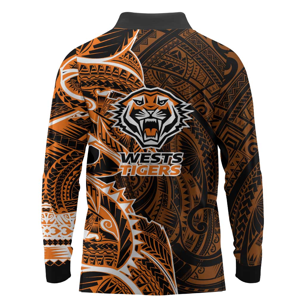 Wests Tigers Long Sleeve Polo Shirt Polynesian Tribal Tattoo Pacific Sport Art