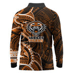 Wests Tigers Long Sleeve Polo Shirt Polynesian Tribal Tattoo Pacific Sport Art