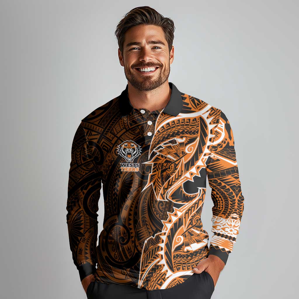 Wests Tigers Long Sleeve Polo Shirt Polynesian Tribal Tattoo Pacific Sport Art