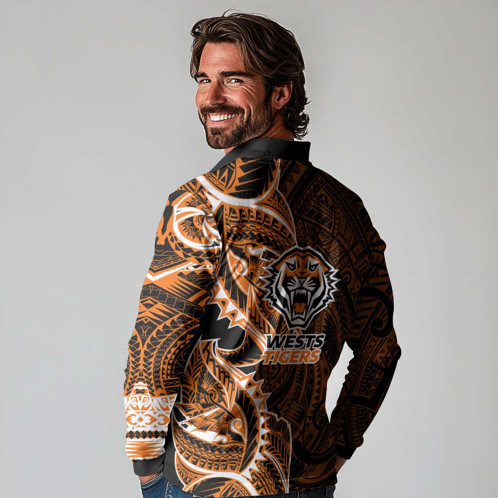 Wests Tigers Long Sleeve Polo Shirt Polynesian Tribal Tattoo Pacific Sport Art