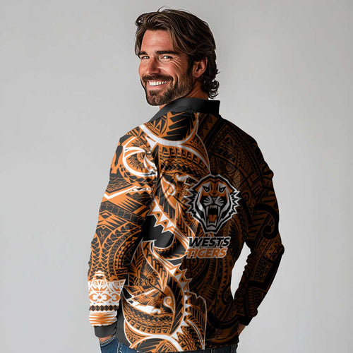 Wests Tigers Long Sleeve Polo Shirt Polynesian Tribal Tattoo Pacific Sport Art