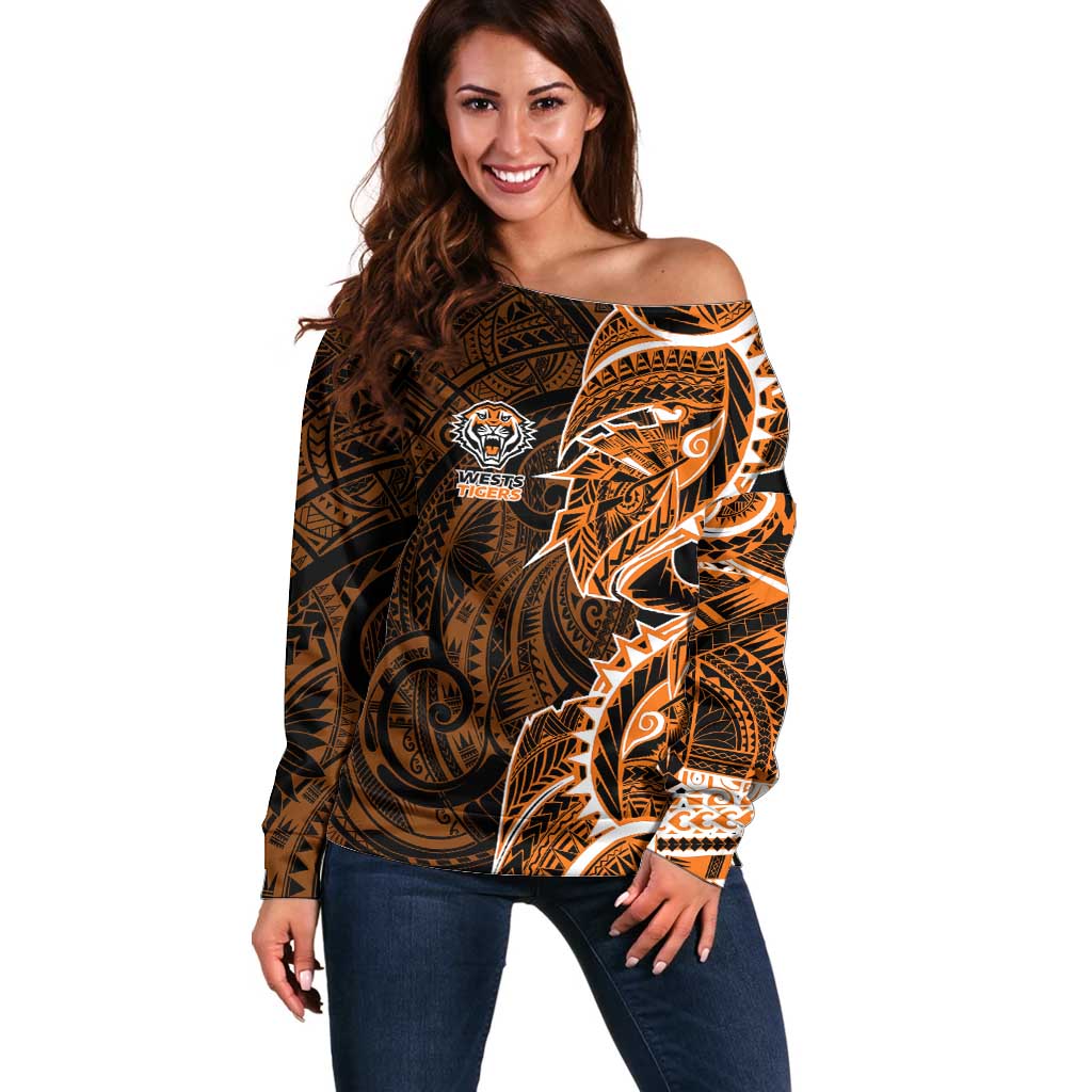 Wests Tigers Off Shoulder Sweater Polynesian Tribal Tattoo Pacific Sport Art