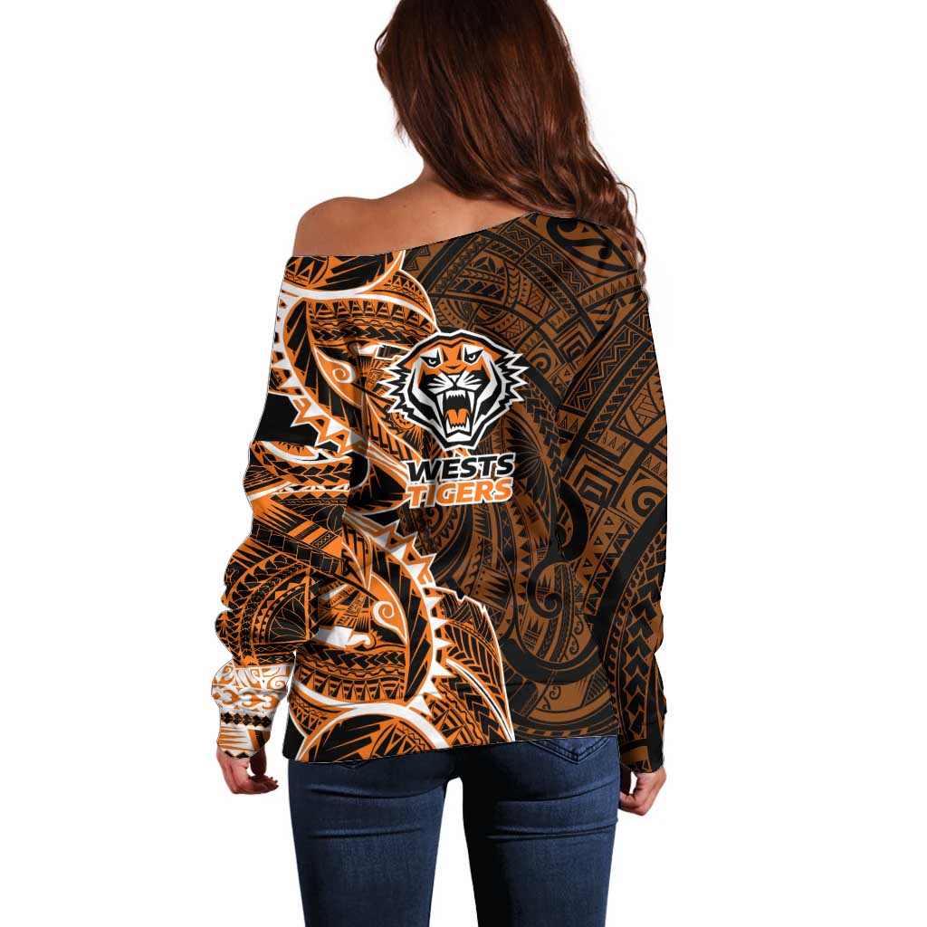 Wests Tigers Off Shoulder Sweater Polynesian Tribal Tattoo Pacific Sport Art