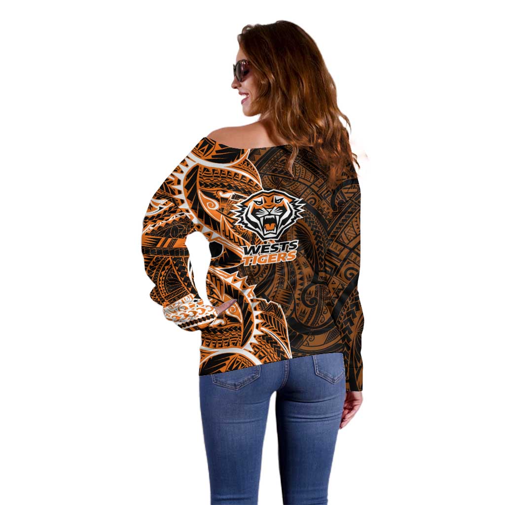 Wests Tigers Off Shoulder Sweater Polynesian Tribal Tattoo Pacific Sport Art