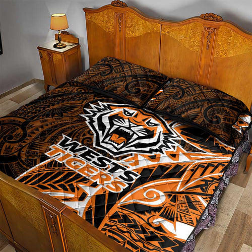 Wests Tigers Quilt Bed Set Polynesian Tribal Tattoo Pacific Sport Art