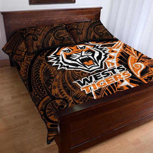 Wests Tigers Quilt Bed Set Polynesian Tribal Tattoo Pacific Sport Art