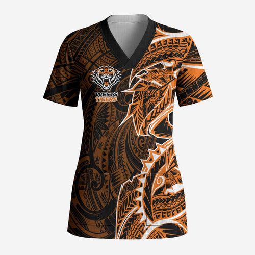 Wests Tigers Scrub Top Polynesian Tribal Tattoo Pacific Sport Art