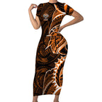 Wests Tigers Short Sleeve Bodycon Dress Polynesian Tribal Tattoo Pacific Sport Art