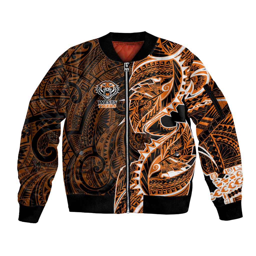 Wests Tigers Sleeve Zip Bomber Jacket Polynesian Tribal Tattoo Pacific Sport Art