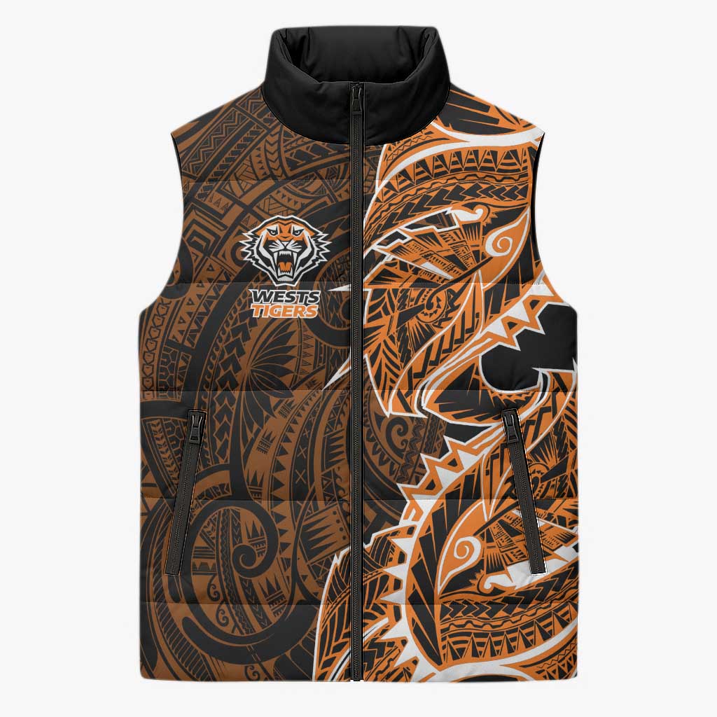 Wests Tigers Sleeveless Puffer Jacket Polynesian Tribal Tattoo Pacific Sport Art