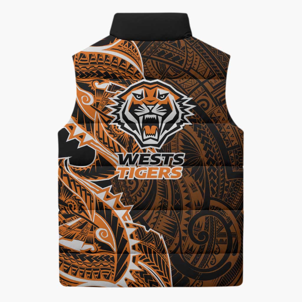 Wests Tigers Sleeveless Puffer Jacket Polynesian Tribal Tattoo Pacific Sport Art