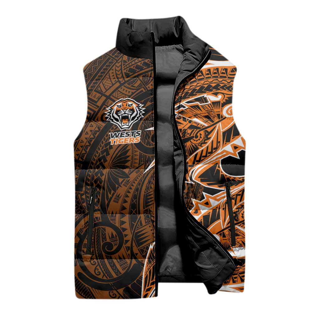 Wests Tigers Sleeveless Puffer Jacket Polynesian Tribal Tattoo Pacific Sport Art