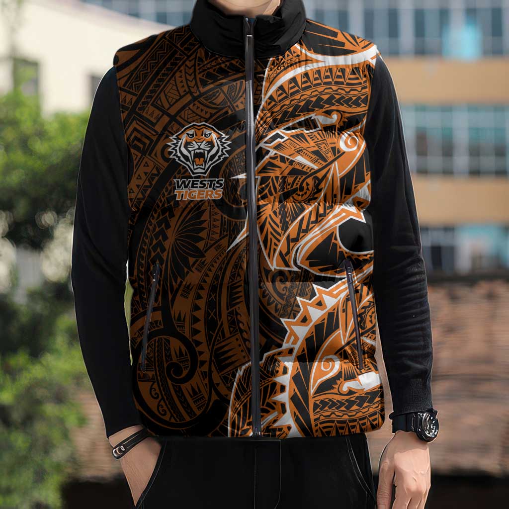 Wests Tigers Sleeveless Puffer Jacket Polynesian Tribal Tattoo Pacific Sport Art