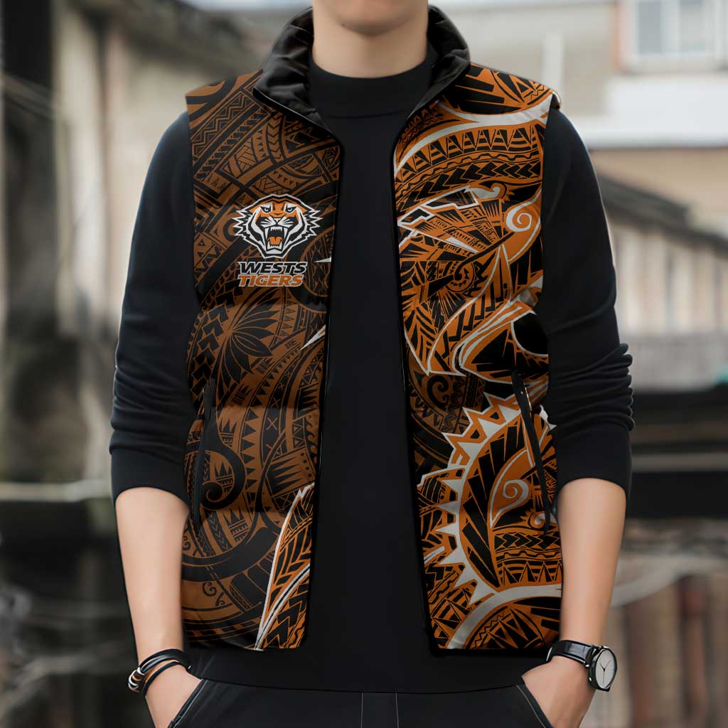 Wests Tigers Sleeveless Puffer Jacket Polynesian Tribal Tattoo Pacific Sport Art