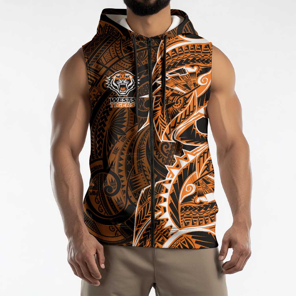 Wests Tigers Sleeveless Zip Hoodie Polynesian Tribal Tattoo Pacific Sport Art