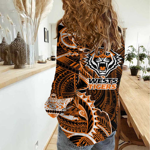 Wests Tigers Women Casual Shirt Polynesian Tribal Tattoo Pacific Sport Art